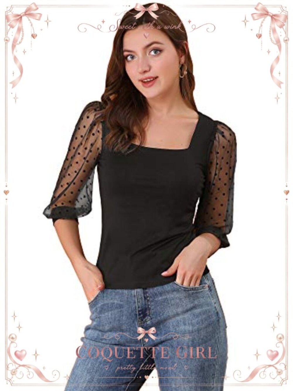 Retro Square Neck Top Semi Sheer 3/4 Mesh Sleeve Swiss Dot Slim Fit